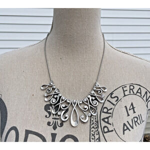 Silver Tone Rhinestone Necklace Scroll Design Bib Style Jewelry 21"